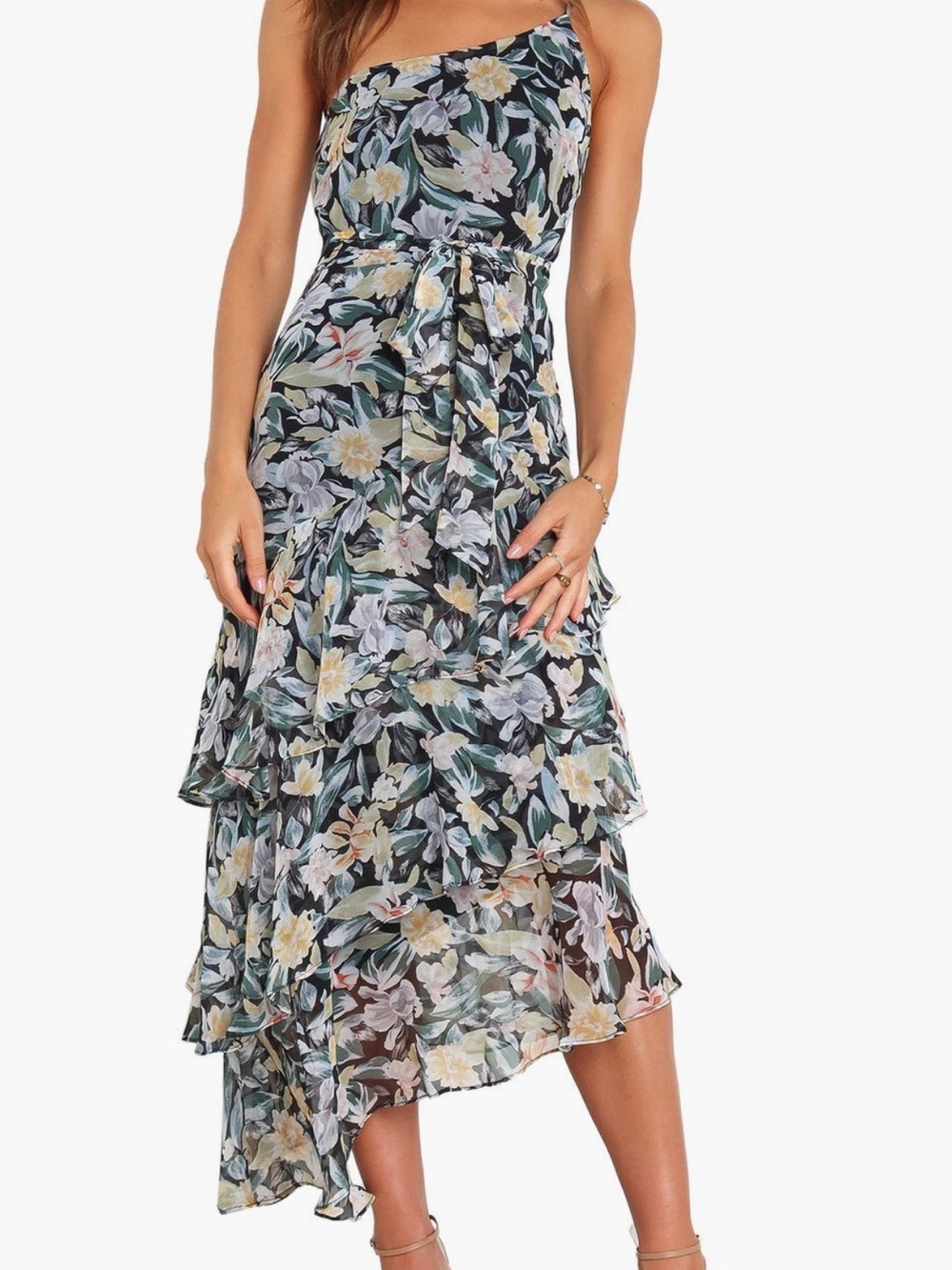 Petal and Pup One-Shoulder Tiered Midi Dress in Black Floral